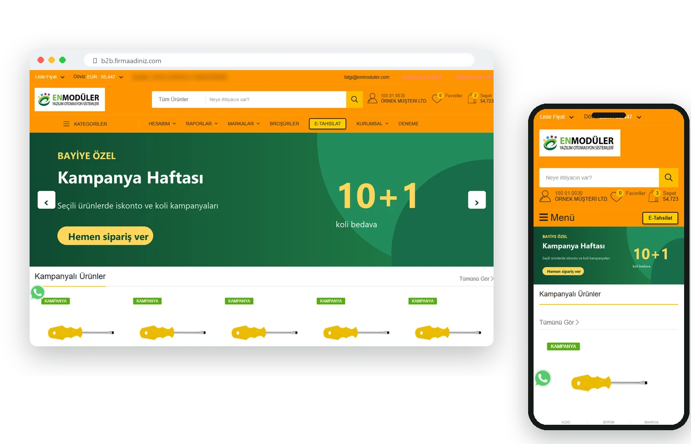 Bayi B2B sipariş portalı, bilgisayar ve telefon görünümü