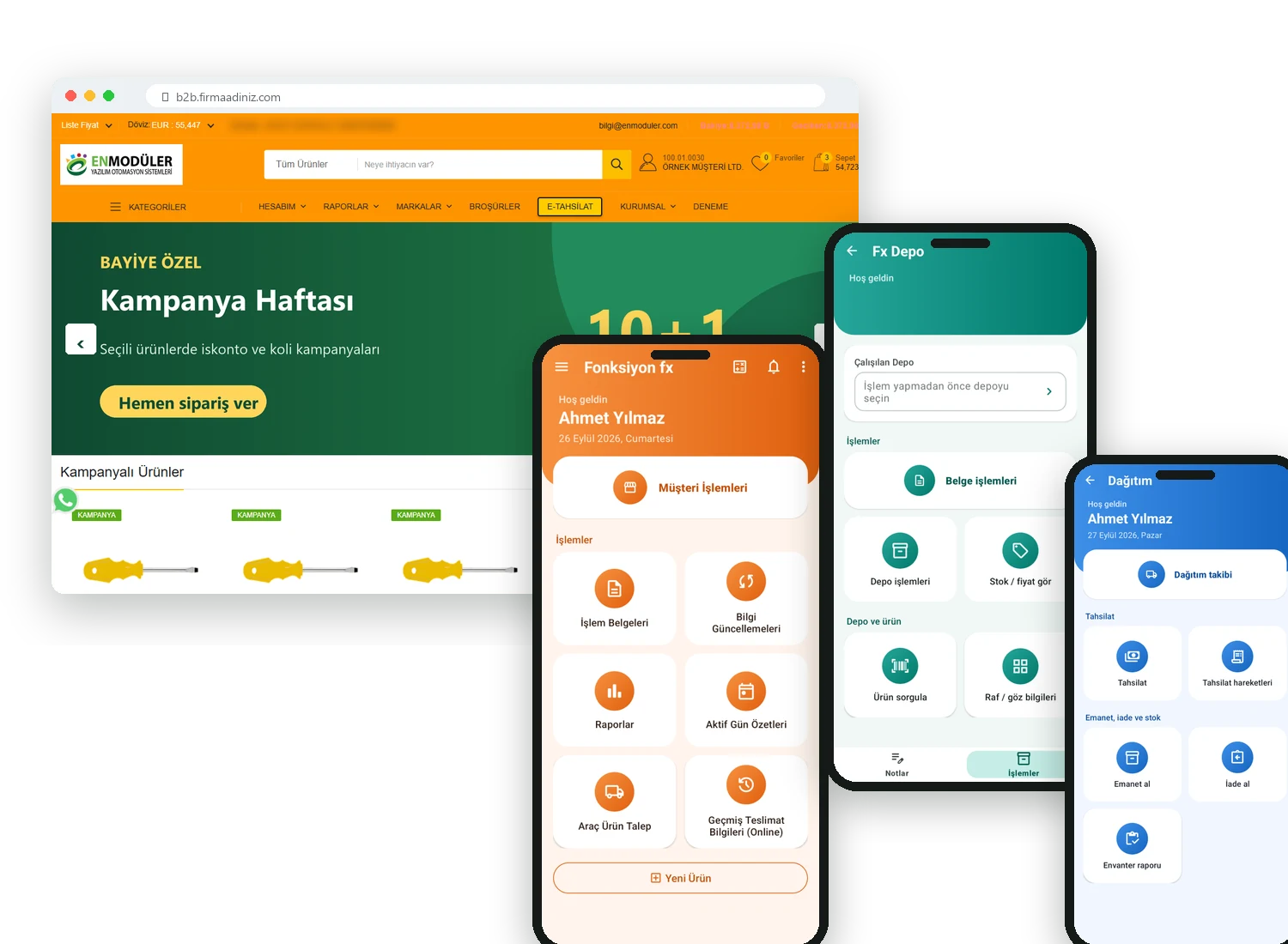 B2B bayi portalı ile Fx Saha, Fx Depo ve Fx Dağıtım mobil uygulamalarının ekran görüntüleri